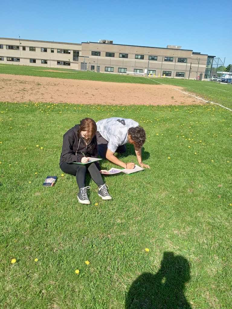 Two students sit in the grass and draw. 